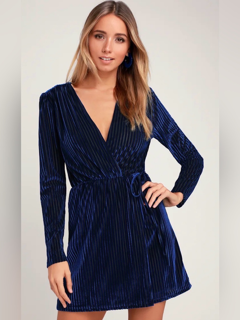 Lulus Live It Up Royal Blue Striped Long-Sleeve Velvet Tie Waist Dress, SZ. M